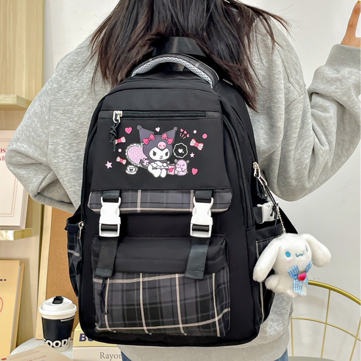 Printed Sanrio Schoolbag Large-Capacity Backpack Plaid Color Matching Backpack Medium and Large Student Campus Backpack Primary School Students