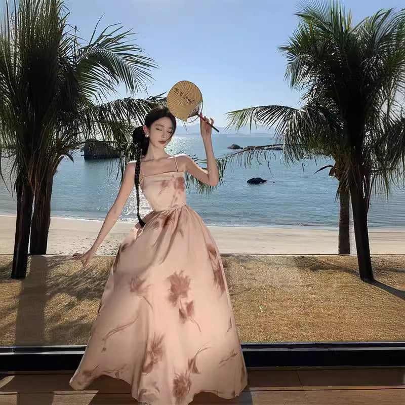 2025 Sanya travel wear seaside beach skirt female super fairy photo Mori halter suspender dress vacation dress