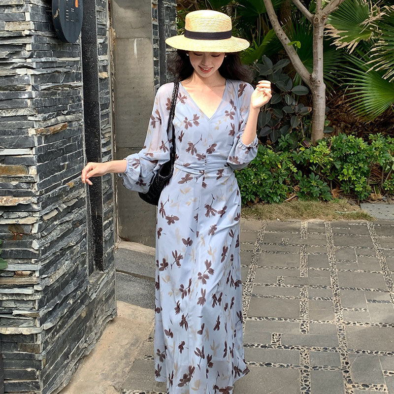 2025 Spring New Temperament Printed Retro High Waist Long Sleeve Skinny Dress 88202