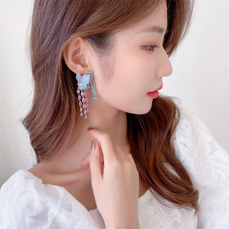 2025 Liyu jewelry exaggerated atmosphere heavy industry earrings wholesale inlaid zircon light luxury high sense butterfly flower fringed earrings