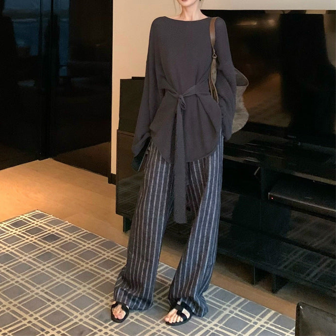 2025 Spot gray lazy style long-sleeved knitted top loose and thin striped wide-leg pants casual pants set