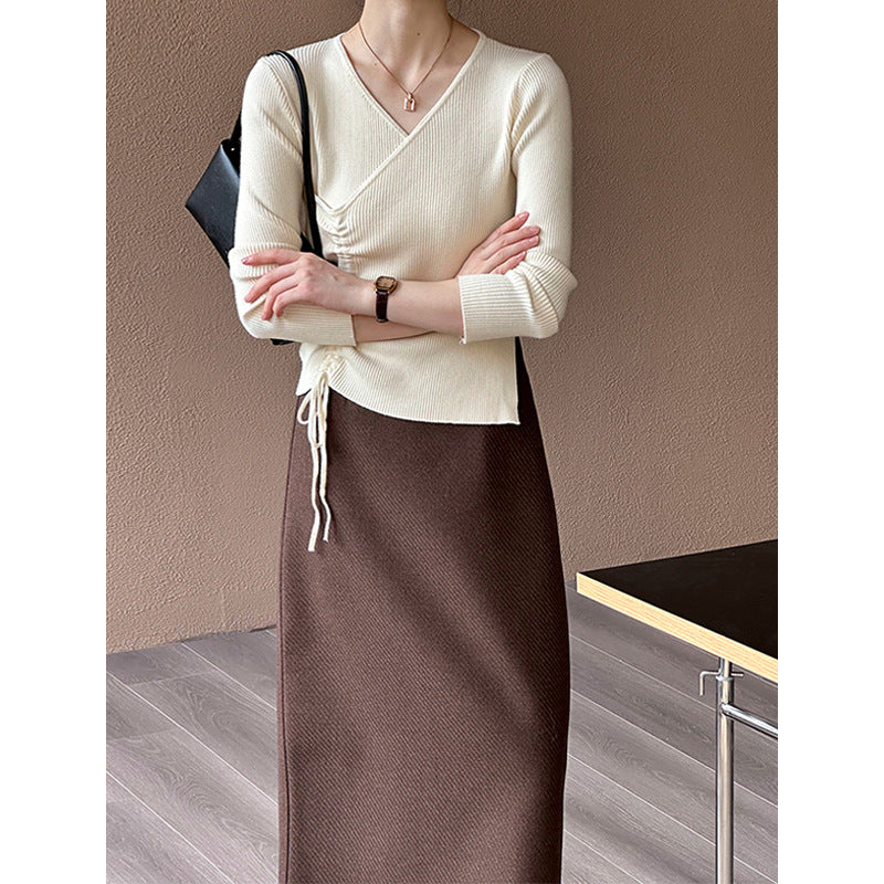 2025 popular autumn and winter new Korean version V-neck drawstring irregular hem slim-fitting long-sleeved knitted sweater 913