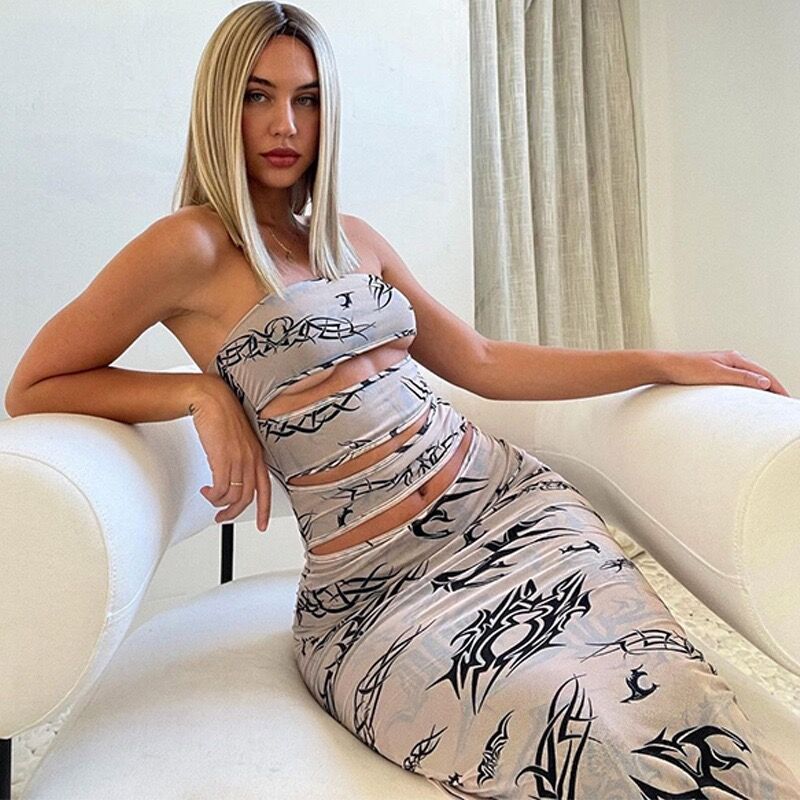 BENPAOLV 2025 women's clothing summer new tube top long dress fashion printing hollow skirt backless slim dress women
