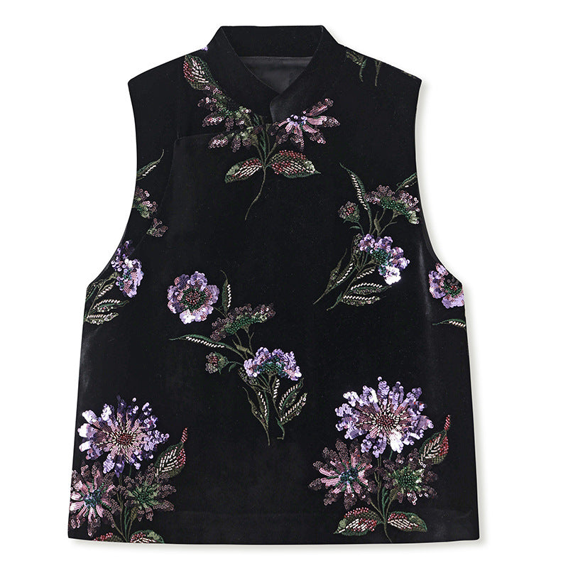Early spring new expensive new Chinese style retro heavy industry sequins purple gold flower temperament versatile vest female N1014