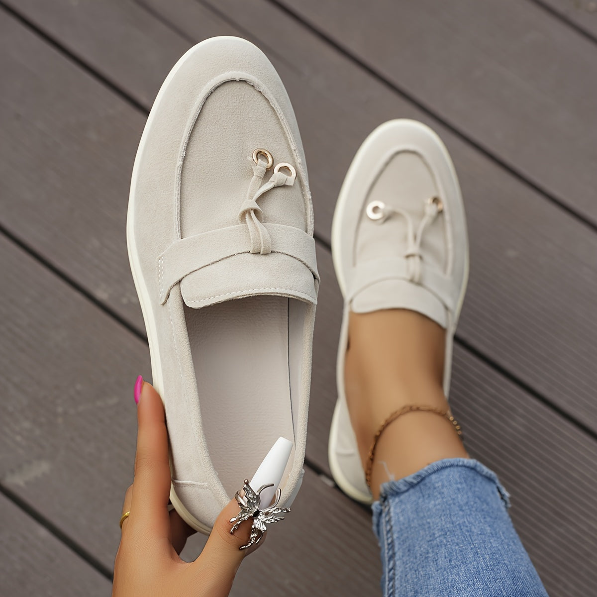 Women's Solid Color Flat Loafers, Casual Metallic Circle Decor Slip On Shoes, Women's Comfortable Shoes