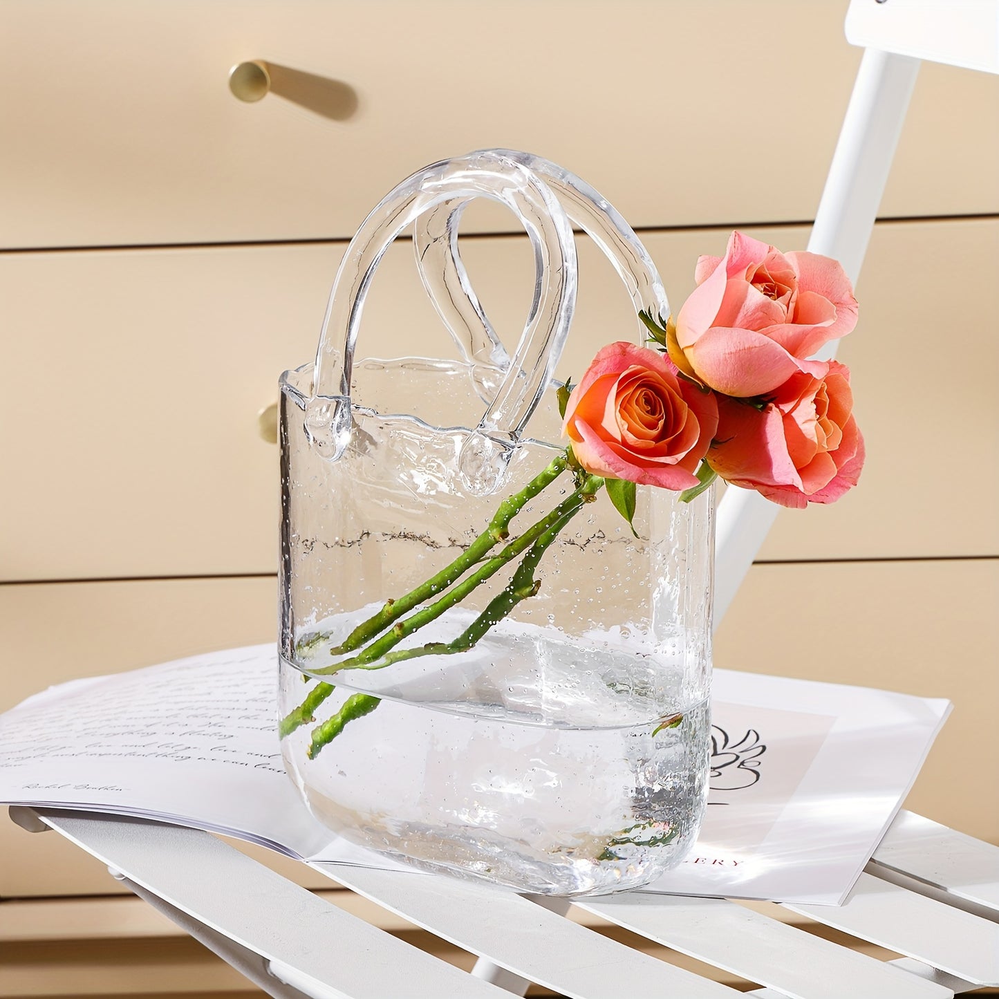 Unique Handbag Shape Glass Vase - 7.7x3.9x10.4in Clear Bag Vase With Handle And Bubbles For Flowers, Centerpieces, Wedding Table Decorations, Christmas Decorations