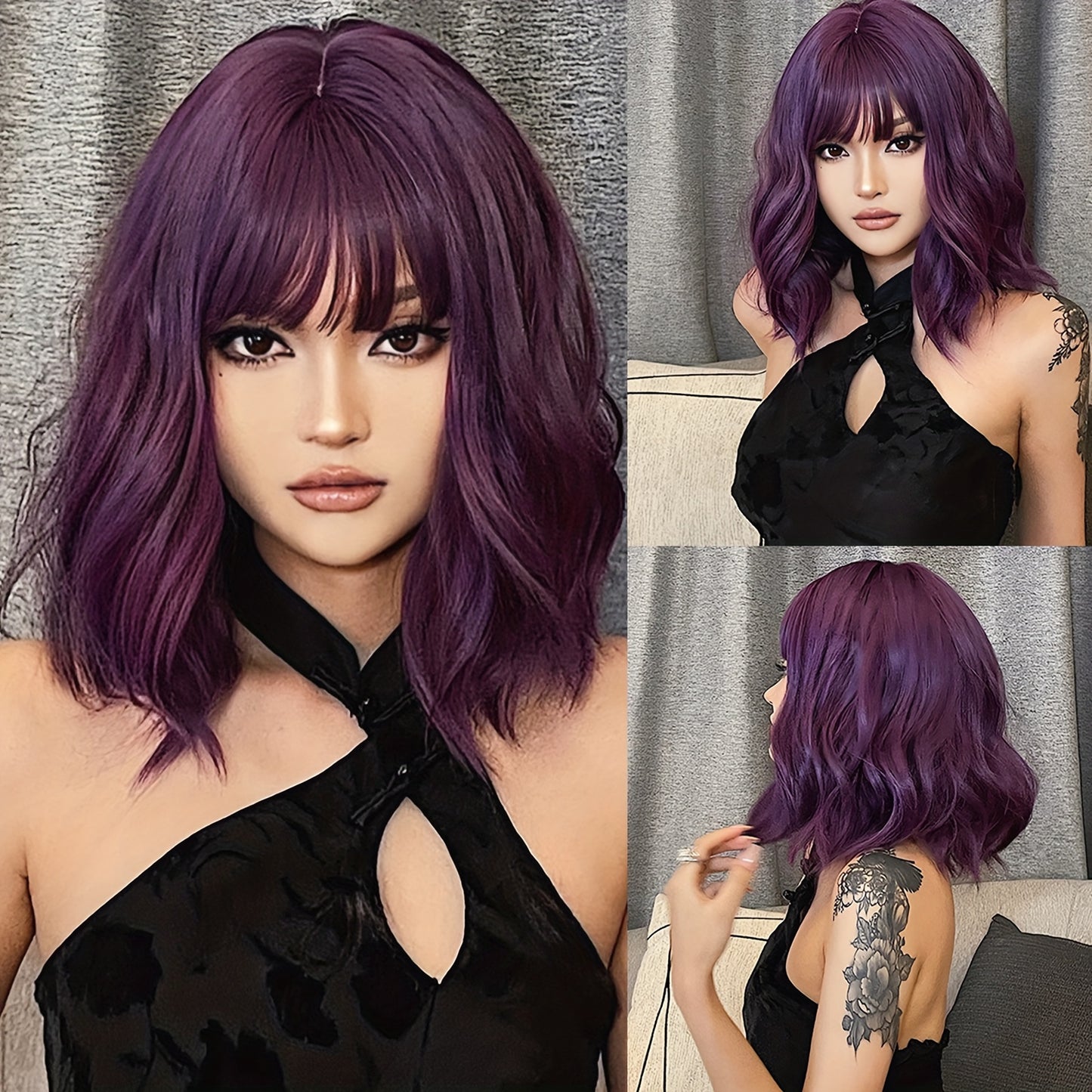 14 Inch Curly Wave Purple Short Wigs for Women - 150% Density, Rose Net Cap, Basics Style, Suitable for All - HAIRCUBE Brand