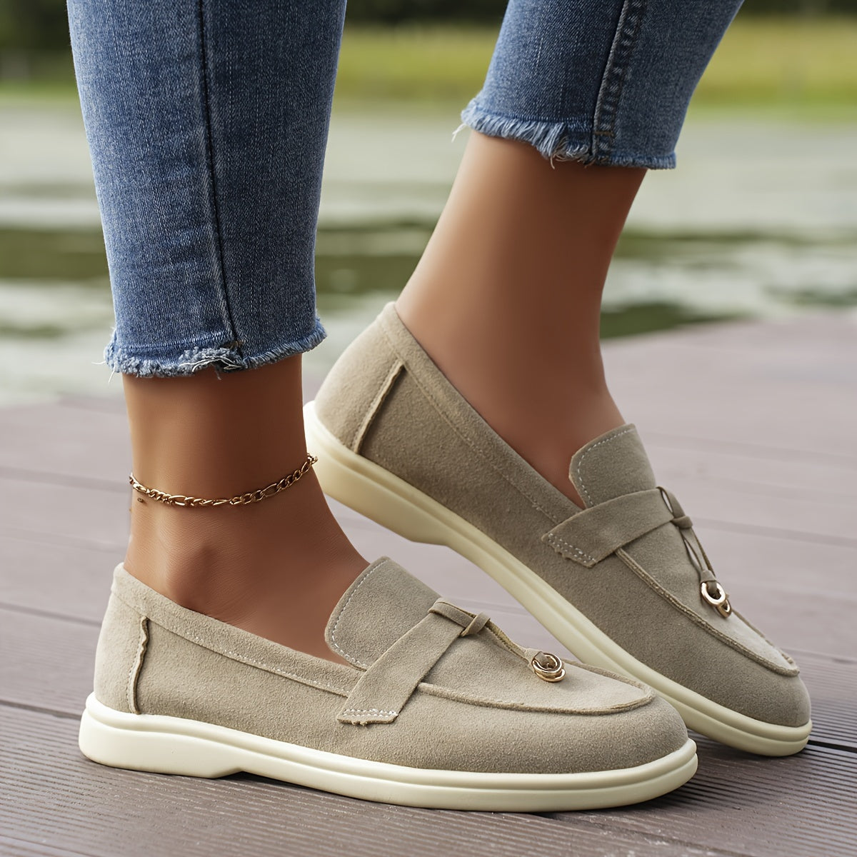 Women's Solid Color Flat Loafers, Casual Metallic Circle Decor Slip On Shoes, Women's Comfortable Shoes