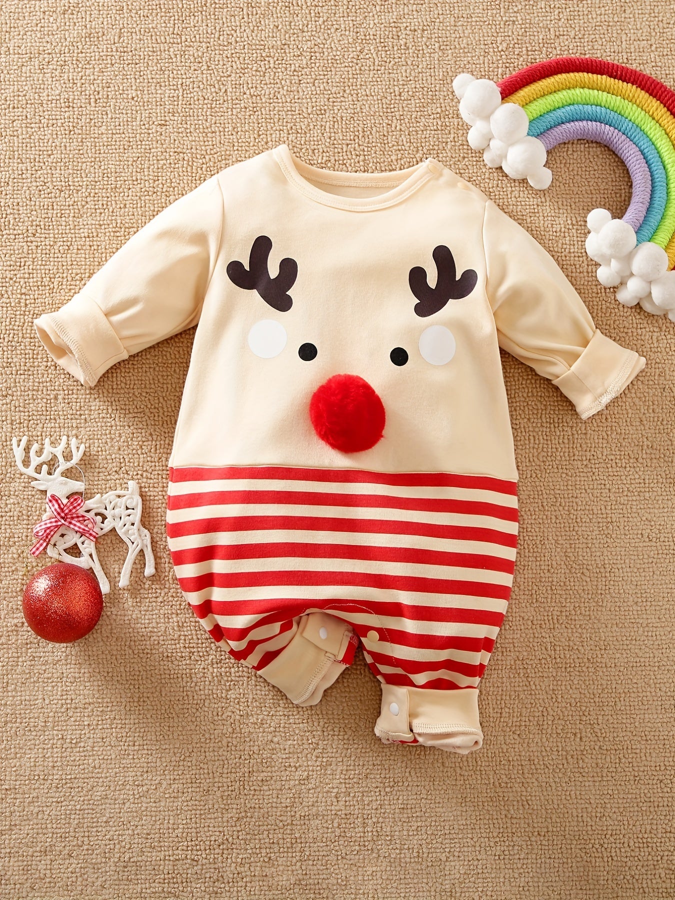 Super Striped Christmas Costume With 3D Nose, Infant Baby Boys And Girls Deer Pure Cotton Long Sleeve Romper, Newborn Casual Thermal Clothes, Suitable For Outdoor Wear