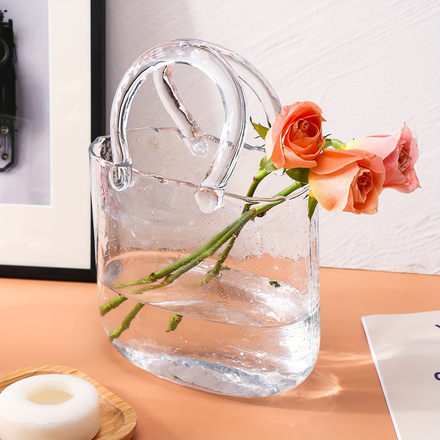 Unique Handbag Shape Glass Vase - 7.7x3.9x10.4in Clear Bag Vase With Handle And Bubbles For Flowers, Centerpieces, Wedding Table Decorations, Christmas Decorations