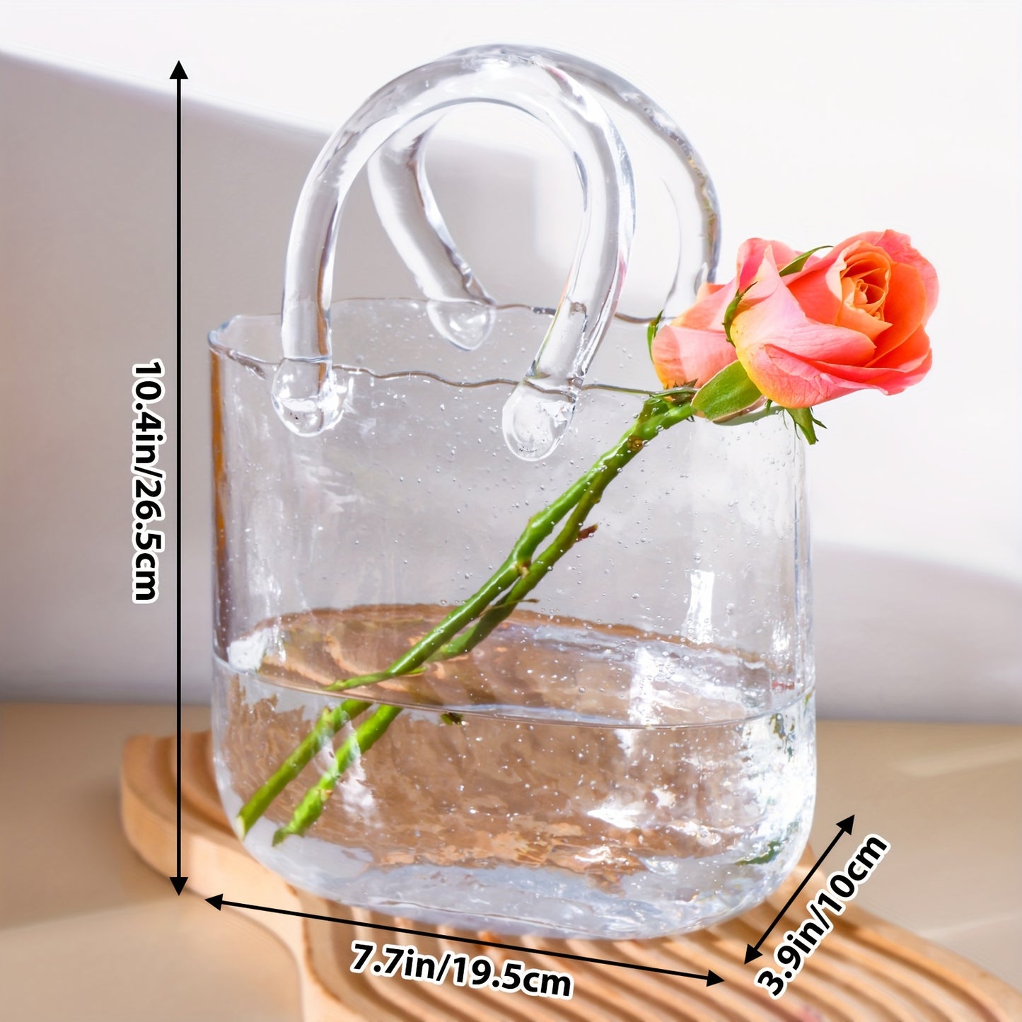 Unique Handbag Shape Glass Vase - 7.7x3.9x10.4in Clear Bag Vase With Handle And Bubbles For Flowers, Centerpieces, Wedding Table Decorations, Christmas Decorations