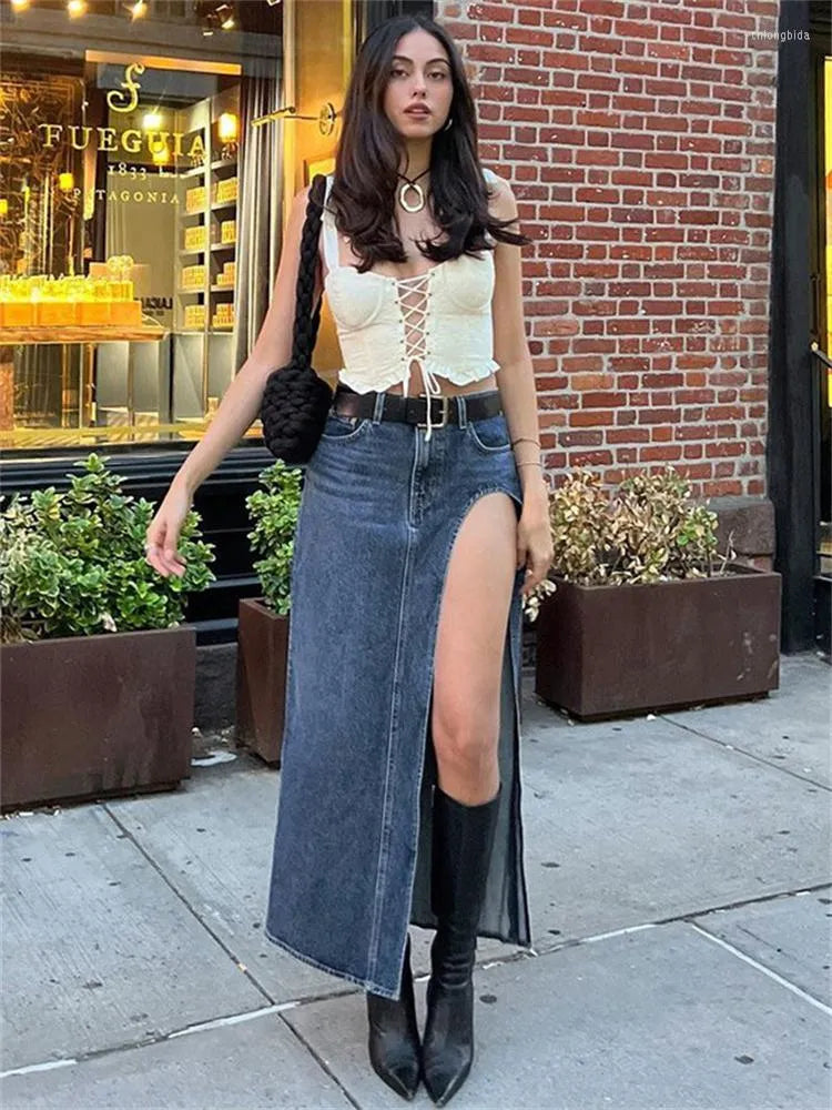 Skirts Summer Split Out Denim Skirt Jeans Women Casual Long Low Waisted Jean Streetwear Midi Pencil Y2k