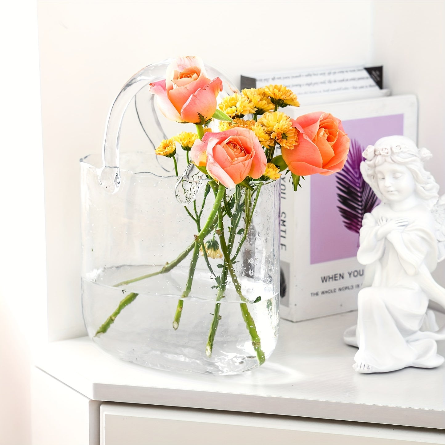 Unique Handbag Shape Glass Vase - 7.7x3.9x10.4in Clear Bag Vase With Handle And Bubbles For Flowers, Centerpieces, Wedding Table Decorations, Christmas Decorations