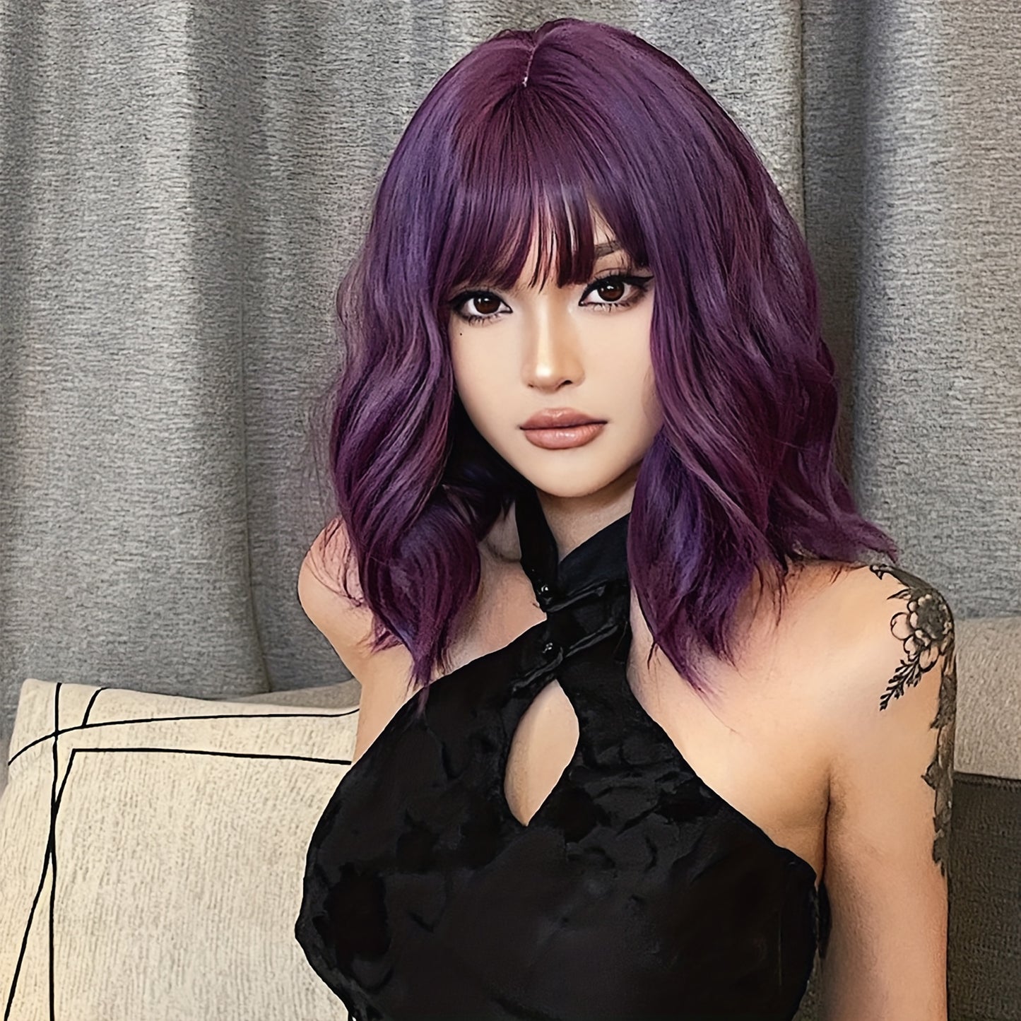 14 Inch Curly Wave Purple Short Wigs for Women - 150% Density, Rose Net Cap, Basics Style, Suitable for All - HAIRCUBE Brand