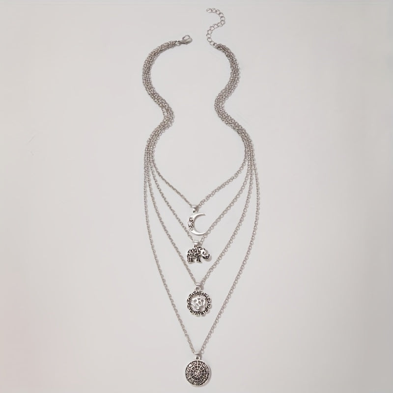 Multilayer Elephant Moon Pendant Long Necklace Five-layer Set Boho Style Jewelry Necklace
