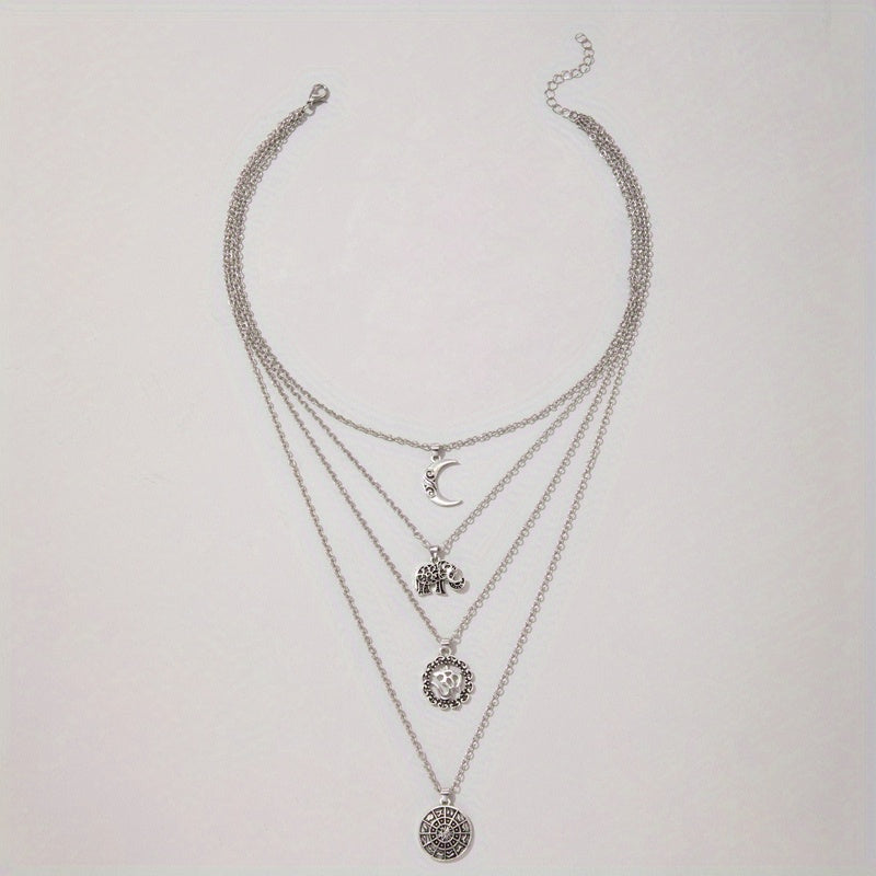 Multilayer Elephant Moon Pendant Long Necklace Five-layer Set Boho Style Jewelry Necklace