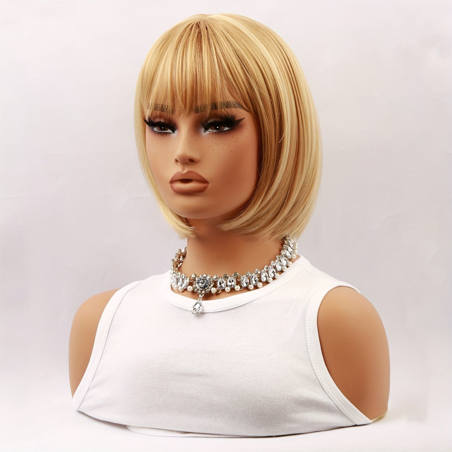 Elegant 12-Inch Blonde Highlight Short Straight Wig With Bangs For Women - 150% Density, Heat Resistant Synthetic Fiber, Beginner Friendly