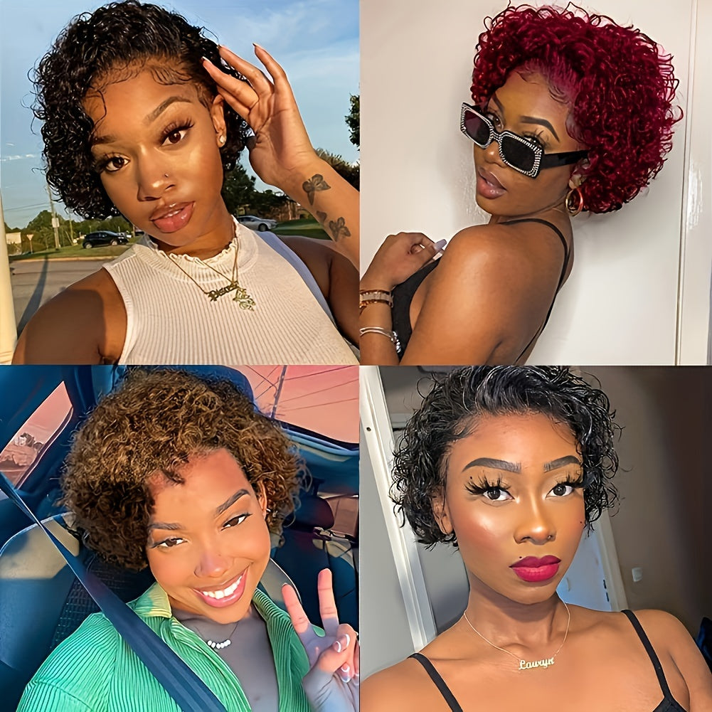 6inch Pixie Cut Wig Short Curly Lace Front Human Hair Wigs for  Women Brazilian Water Wave 13x1 Transparent Lace Wigs (1B# 99J  T1B/99J)