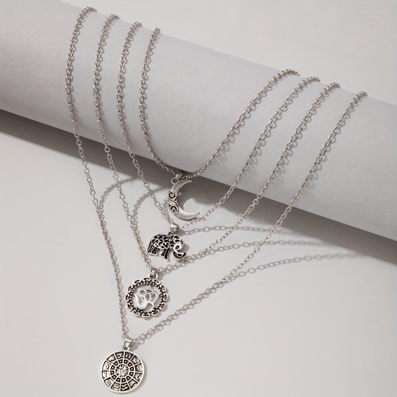 Multilayer Elephant Moon Pendant Long Necklace Five-layer Set Boho Style Jewelry Necklace