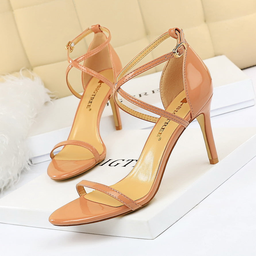 2025 126-A7  style fashion summer simple high heels stiletto high heel patent leather cross belt sexy nightclub sandals