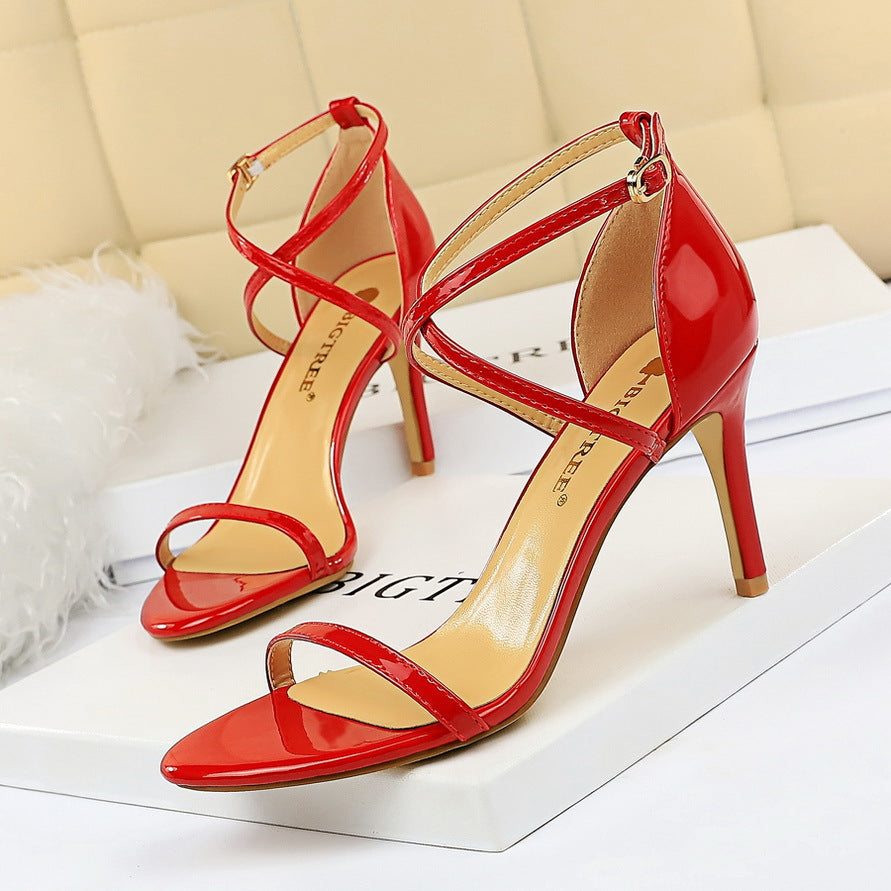 2025 126-A7  style fashion summer simple high heels stiletto high heel patent leather cross belt sexy nightclub sandals