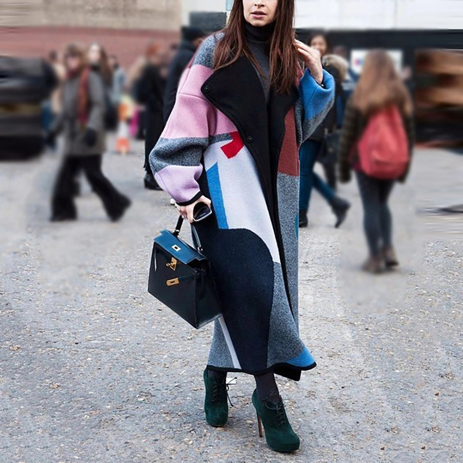 new New   coats fashion color matching lapel digital printing double-sided tweed coat