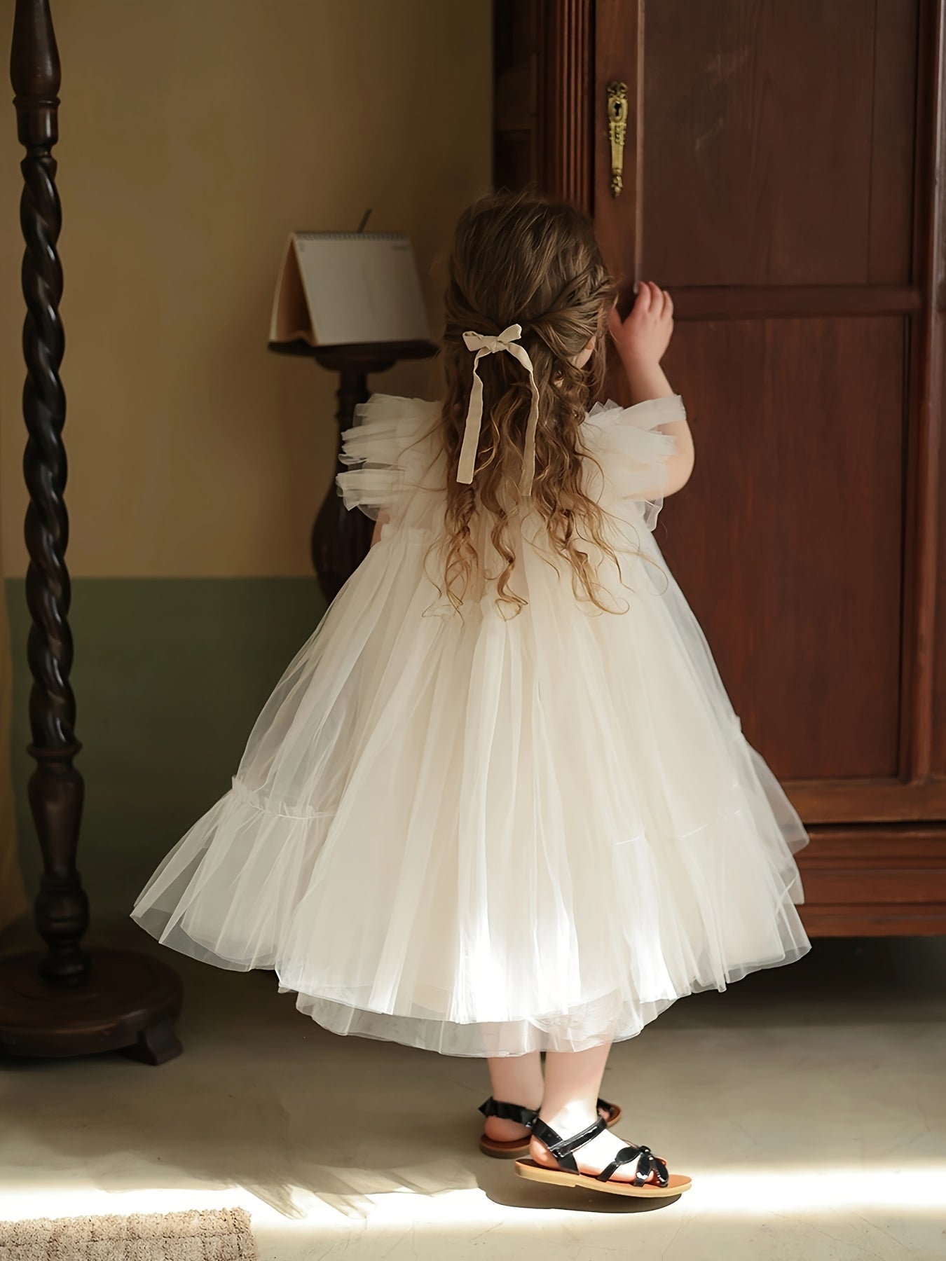 Girls Fitted White Tulle Princess Dress - Soft Slight Stretch Polyester, Contrast Mesh, Ruffle Sleeves, Casual Style for Everyday & Special Occasions, Perfect for Summer Wear