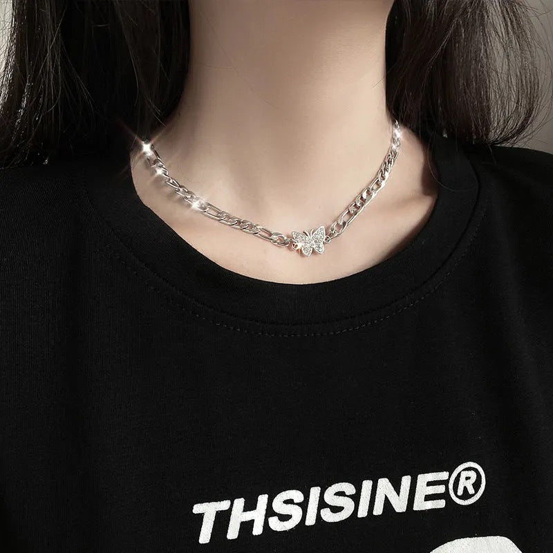1Pc Fashionable Butterfly Zircon Elegant Style Alloy Silver Color Patch Necklace Women Party Birthday Gift