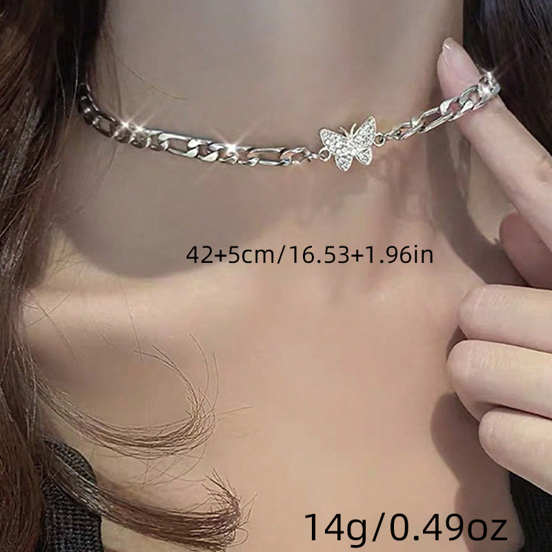 1Pc Fashionable Butterfly Zircon Elegant Style Alloy Silver Color Patch Necklace Women Party Birthday Gift
