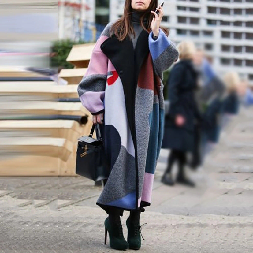 new New   coats fashion color matching lapel digital printing double-sided tweed coat