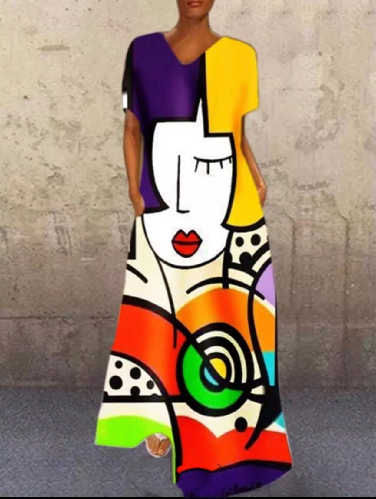 New independent station new  dress retro portrait cat print V-neck four-sided elastic dress