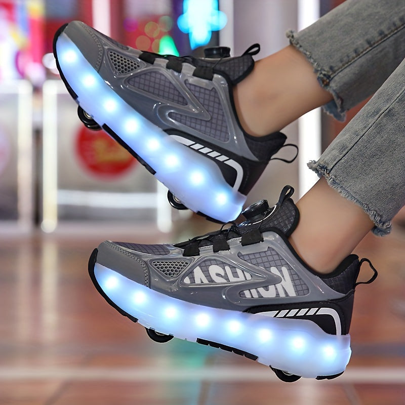 Trendy Cool Low Top Roller Skateboard Shoes With Charging LED Light For Boys, Breathable Anti Slip Wheel Shoes For Indoor Outdoor, All Seasons