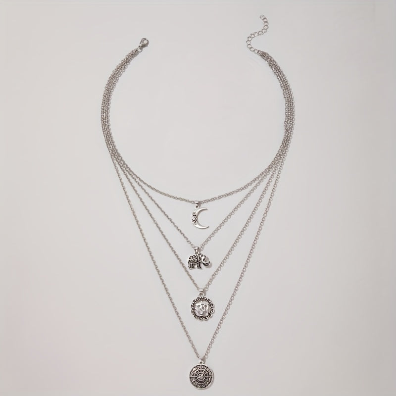 Multilayer Elephant Moon Pendant Long Necklace Five-layer Set Boho Style Jewelry Necklace