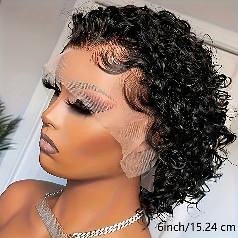 6inch Pixie Cut Wig Short Curly Lace Front Human Hair Wigs for  Women Brazilian Water Wave 13x1 Transparent Lace Wigs (1B# 99J  T1B/99J)