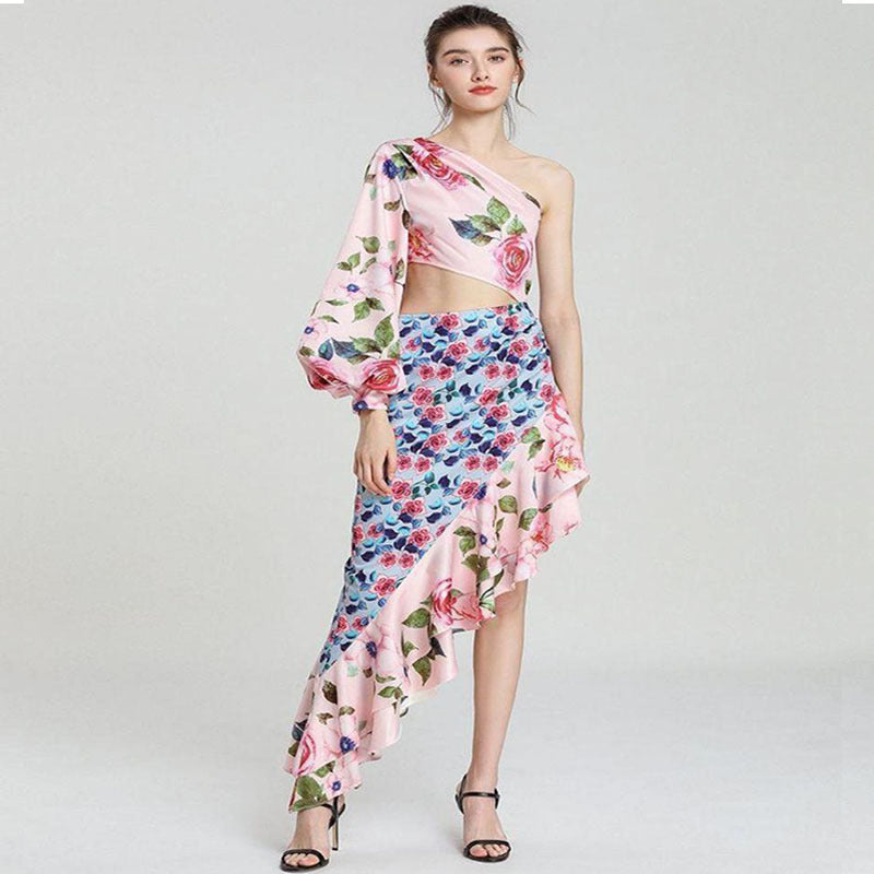 summer new  women's clothing  long skirt asymmetrical tube top single sleeve waist flower splicing skirt