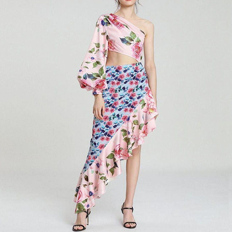 summer new  women's clothing  long skirt asymmetrical tube top single sleeve waist flower splicing skirt