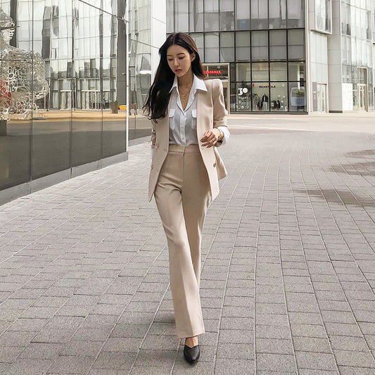 Workplace tooling two-piece set 2025 spring and autumn collarless design sense chic blazer and trousers interview suit women