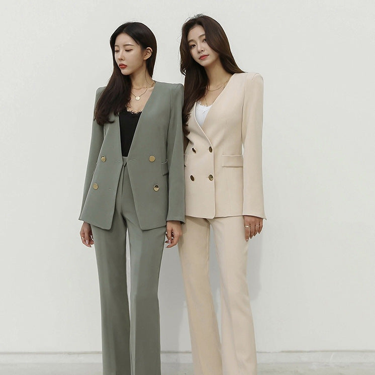Workplace tooling two-piece set 2025 spring and autumn collarless design sense chic blazer and trousers interview suit women