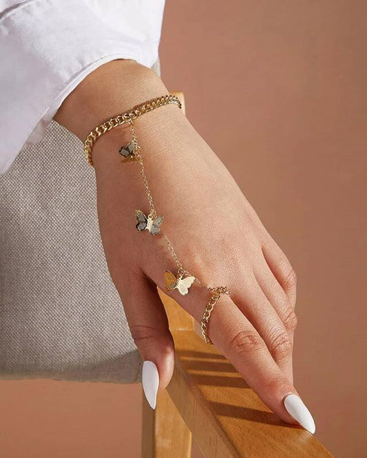 FB1754 2025 Bracelet Hot Trade Supply Factory Straight Hair Metal Small Butterfly Pendant Set Finger Bracelet Jewelry