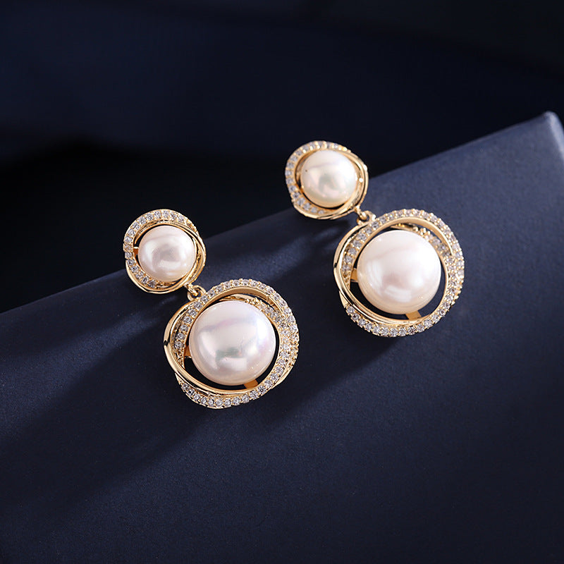 2025 925 Silver Needle Korea Dongdaemun Earrings Natural Pearl Earrings Celebrity Temperament Retro Zircon Geometric Earrings Women