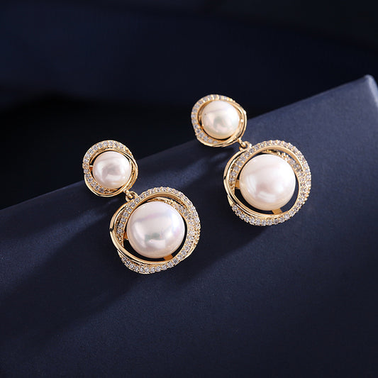 2025 925 Silver Needle Korea Dongdaemun Earrings Natural Pearl Earrings Celebrity Temperament Retro Zircon Geometric Earrings Women