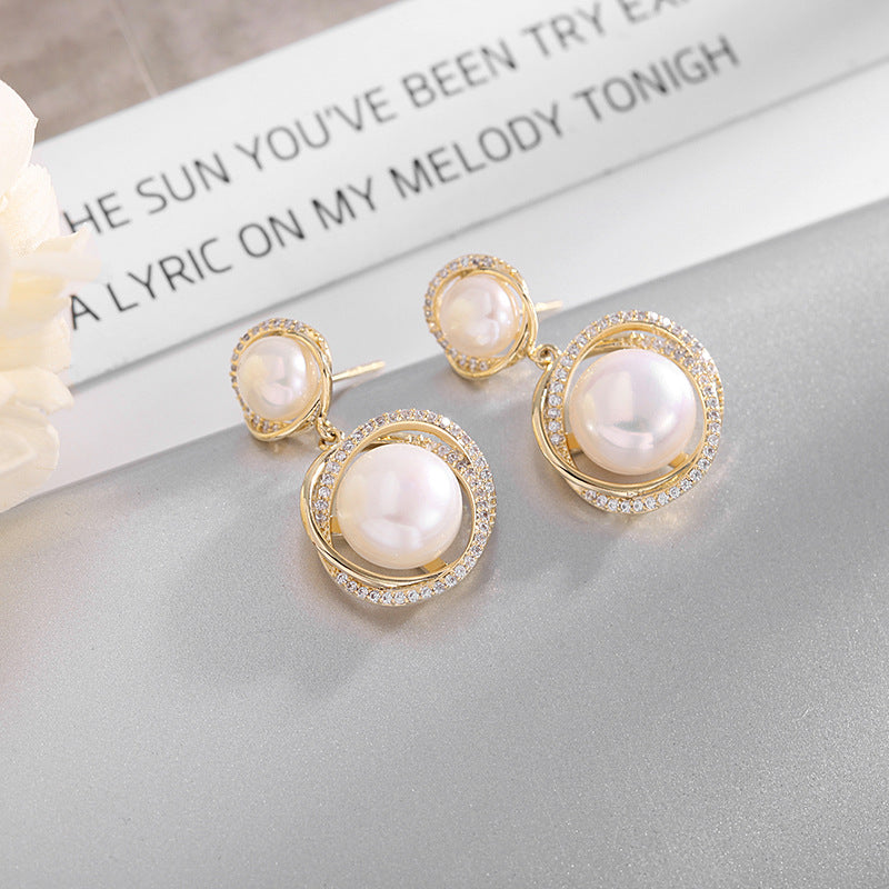2025 925 Silver Needle Korea Dongdaemun Earrings Natural Pearl Earrings Celebrity Temperament Retro Zircon Geometric Earrings Women
