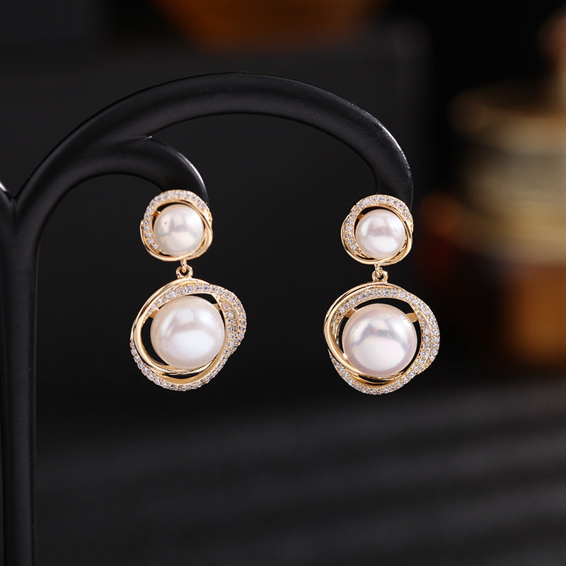 2025 925 Silver Needle Korea Dongdaemun Earrings Natural Pearl Earrings Celebrity Temperament Retro Zircon Geometric Earrings Women