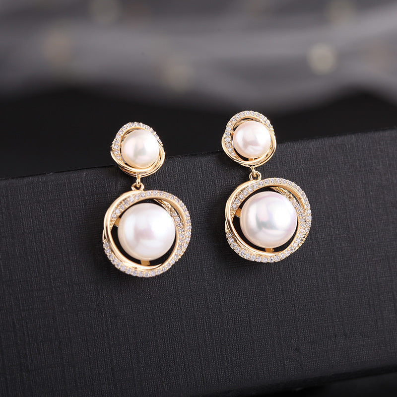 2025 925 Silver Needle Korea Dongdaemun Earrings Natural Pearl Earrings Celebrity Temperament Retro Zircon Geometric Earrings Women