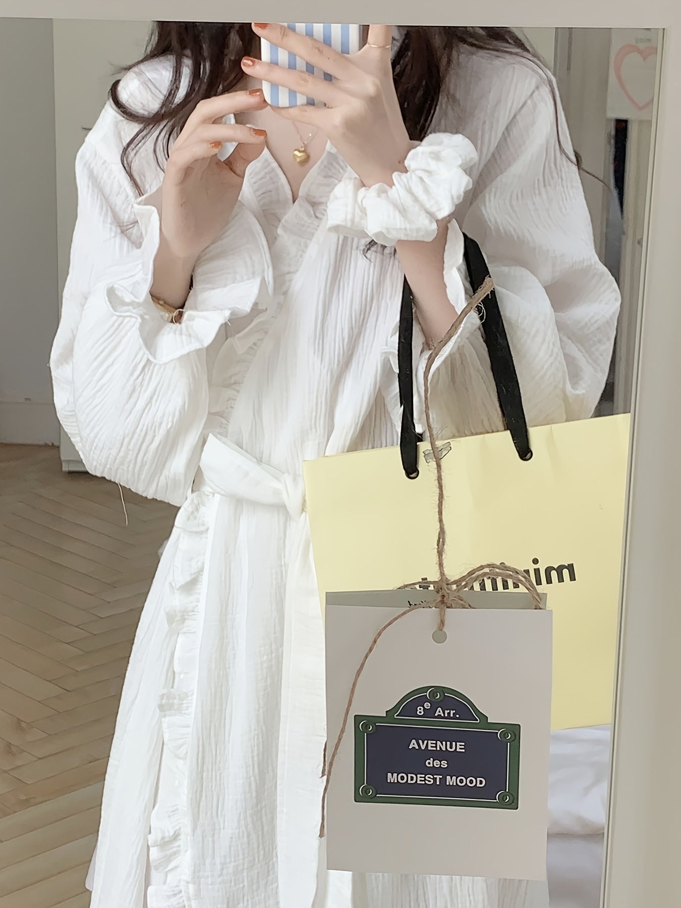Ombre Stripe Print Loose Fit Night Robe, Long Sleeve V Neck Pocketed Robe With Belt, Women's Sleepwear & Dresses