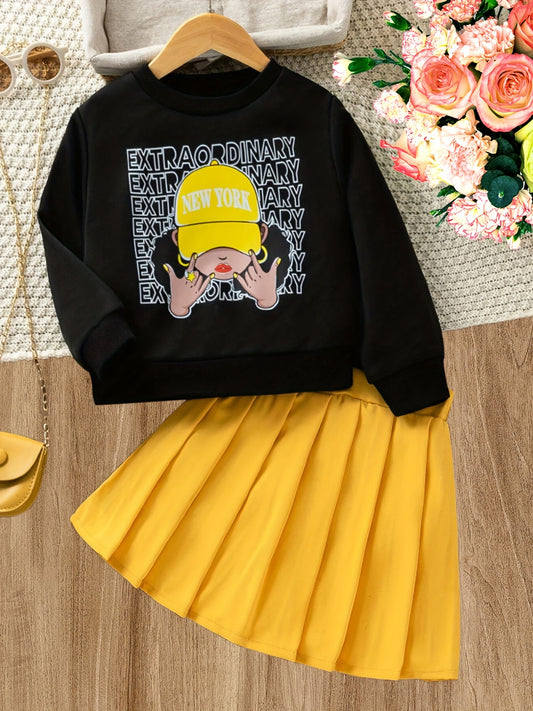 2pcs/set Adorable Girls Pattern Sweatshirt Top + Pleated Skirt Outfit - Comfortable Long Sleeve, Fashionable Design, Cute Cartoon Print, Perfect for Spring and Fall Seasons, Ideal for Casual Daily Wear