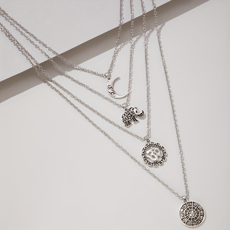 Multilayer Elephant Moon Pendant Long Necklace Five-layer Set Boho Style Jewelry Necklace