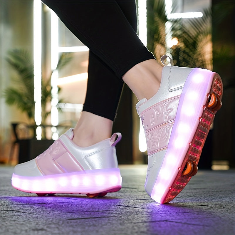 LED-Illuminated Skate Sneakers for Kids - Plaid Low Top Lace-Up Sports Shoes with Removable Skating Rollers, Abrasion-Resistant, All-Season Casual and Hiking Footwear for Boys and Girls, Hand Washable, with Fabric Inner and Insole, PU Upper, and TPR Sole