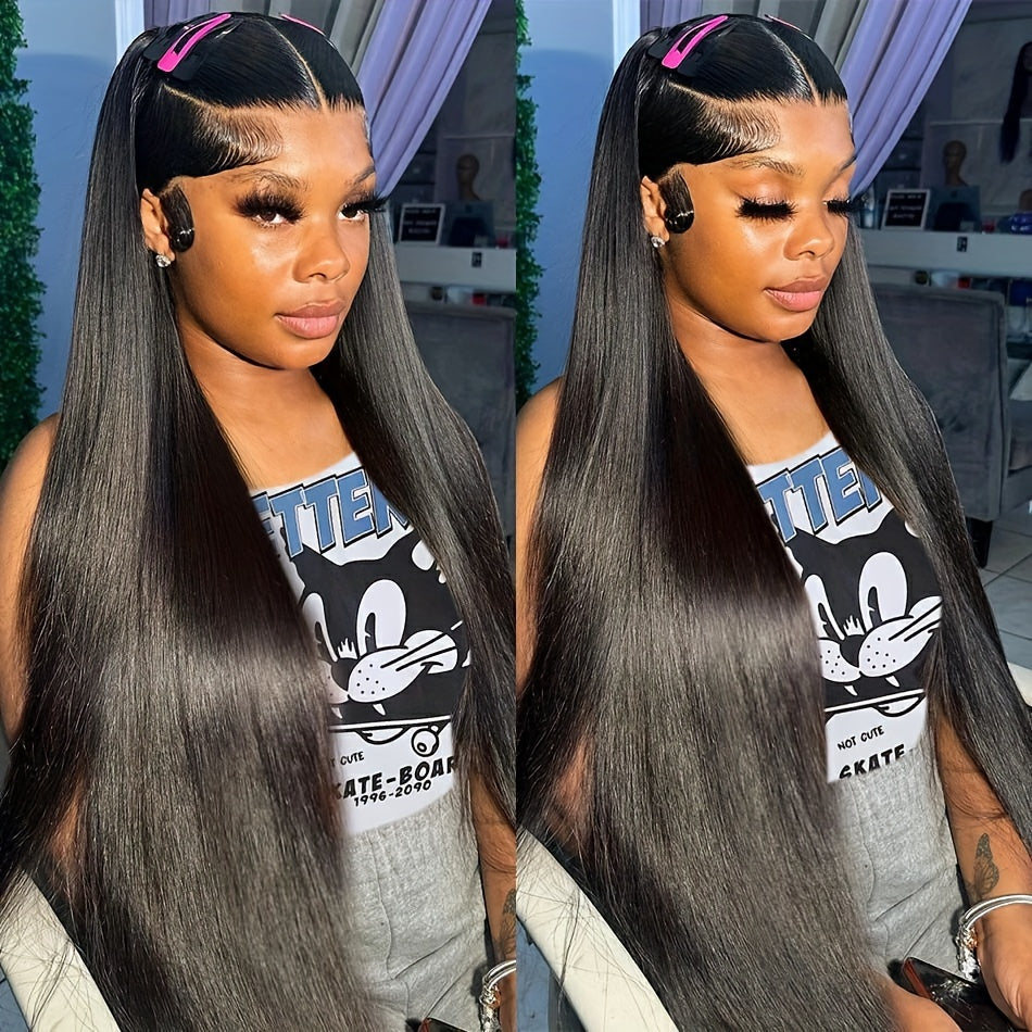 300% Density Straight Lace Front Wig Human Hair 13x4 HD Lace Human Hair Wig Pre Plucked Bone Straight Lace Frontal Wig With Ear To Ear Baby Hair Full Edges 100% Brazilian Human Hair Lace Wig For Daily Wear