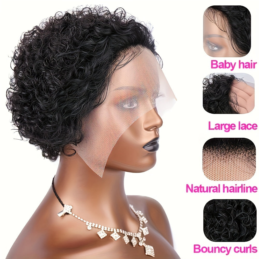 6inch Pixie Cut Wig Short Curly Lace Front Human Hair Wigs for  Women Brazilian Water Wave 13x1 Transparent Lace Wigs (1B# 99J  T1B/99J)